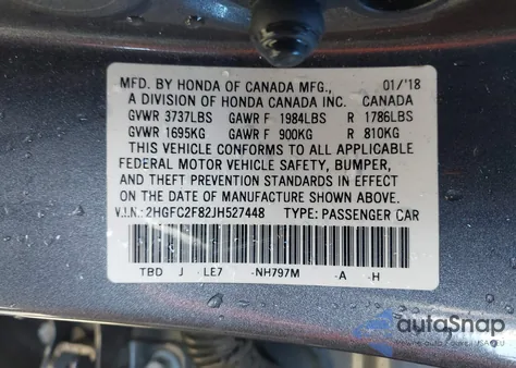 2018 Honda Civic Ex from USA, damaged, VIN 2HGFC2F82JH527448